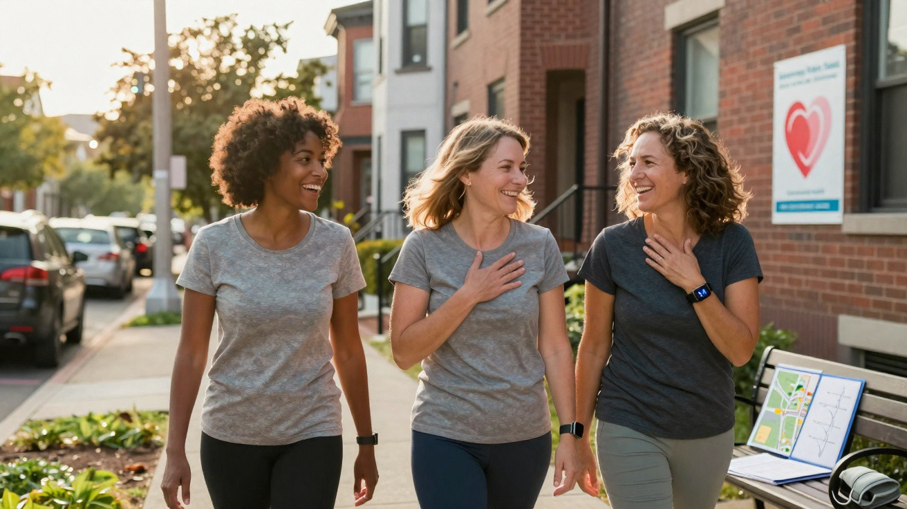 Drei Frauen gehen lachend und im Gespräch zusammen die Straße entlang, sonniger späten Nachmittag.