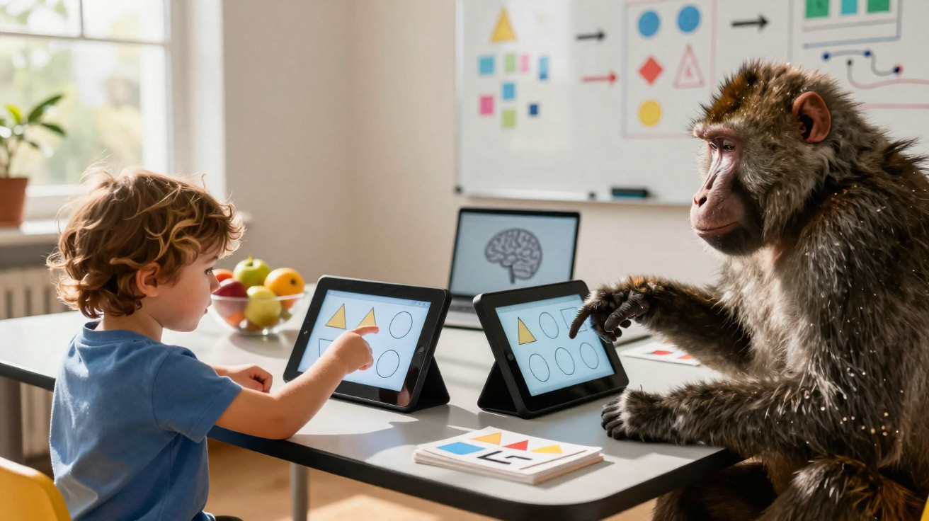 Kind und Pavian lösen gemeinsam Formenrätsel auf Tablets in modernem Lernzimmer.