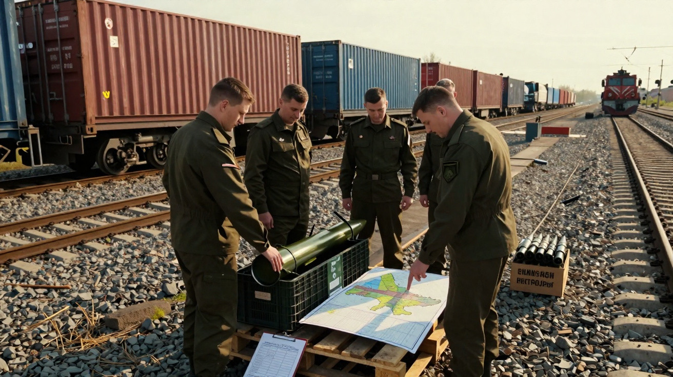 Vier Soldaten in Uniform betrachten eine Landkarte auf einer Palette neben Eisenbahnschienen mit Containern und Zug.