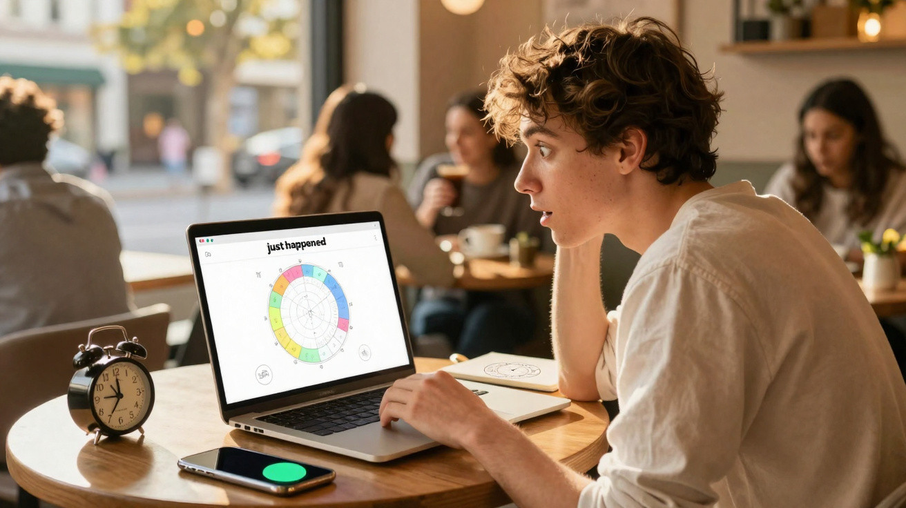 Junger Mann sitzt im Café und schaut überrascht auf Laptop mit bunter Grafik neben Wecker und Handy.