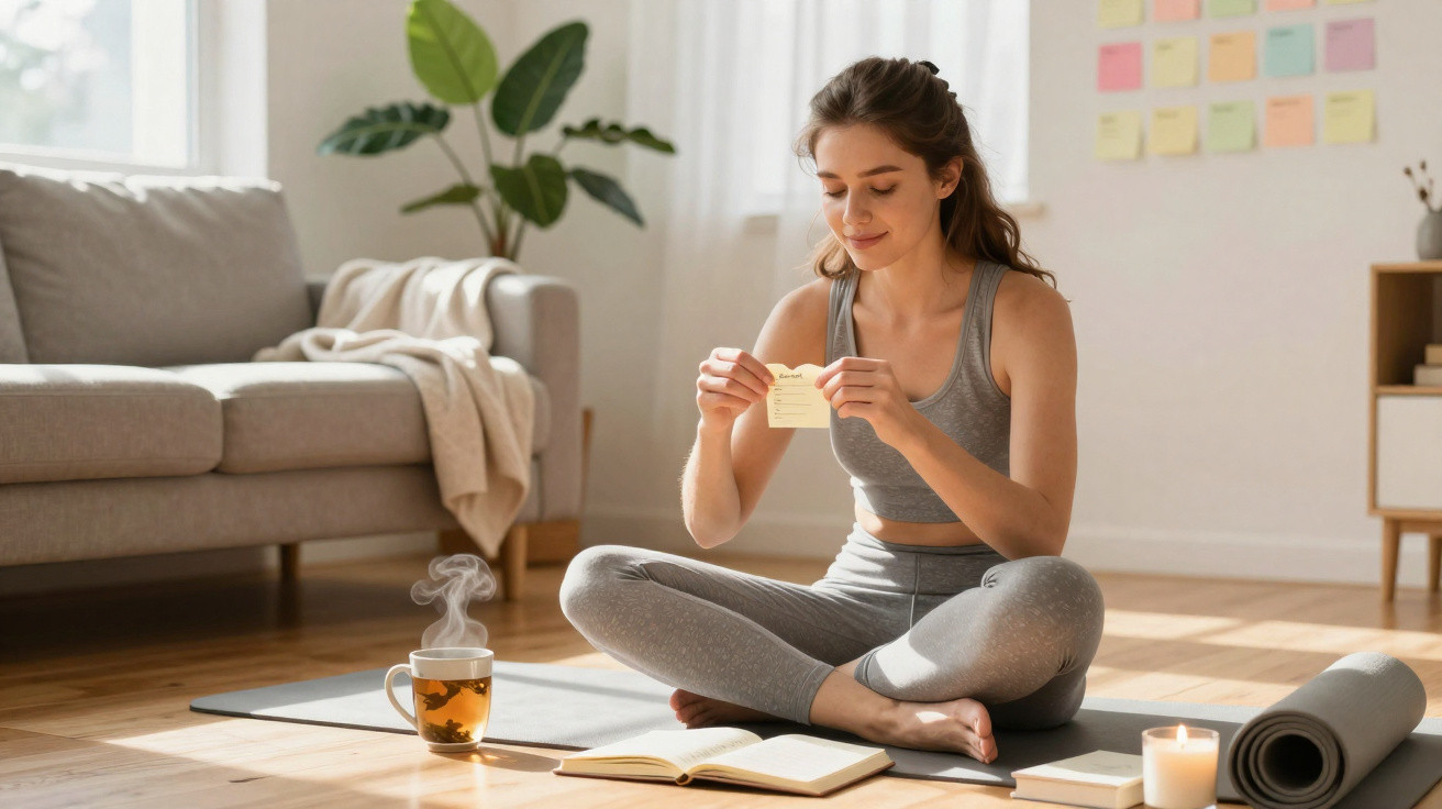 Junge Frau in Sportkleidung liest Notiz auf Yogamatte in hellem Raum mit Tee und Kerze.