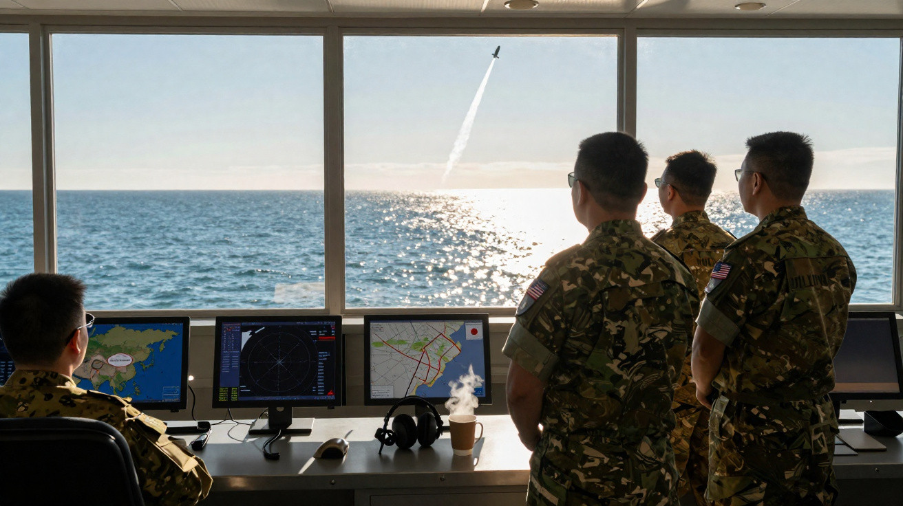 Vier Soldaten beobachten den Start einer Rakete über dem Meer von einem Kontrollraum aus.
