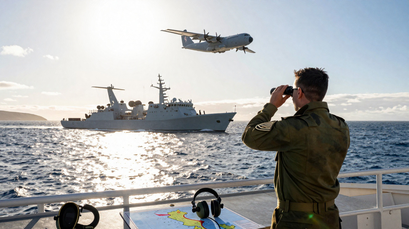 Militärperson beobachtet mit Fernglas ein Flugzeug über einem Kriegsschiff auf dem Meer bei Sonnenlicht.
