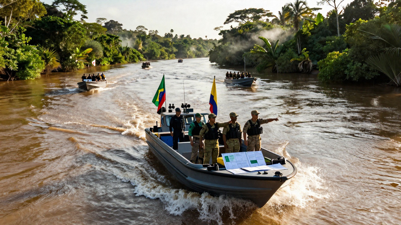 Boot mit Soldaten auf einem Fluss, umgeben von dichtem tropischem Regenwald bei Tageslicht.