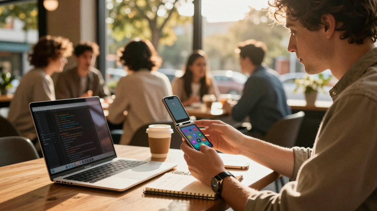 Junger Mann im Café arbeitet am Laptop und nutzt ein aufklappbares Smartphone, im Hintergrund sitzen weitere Personen.