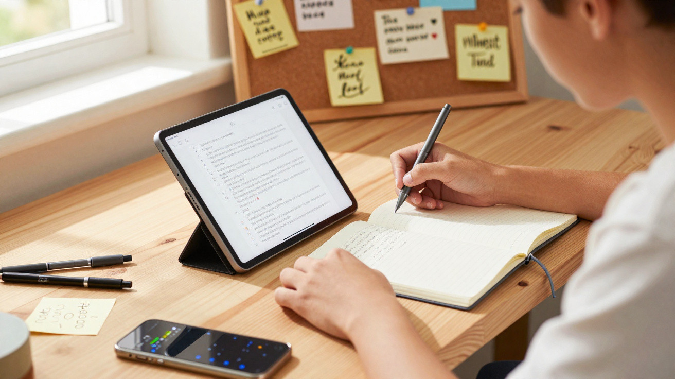 Person schreibt in Notizbuch, Tablet mit Text und Smartphone auf hellem Holztisch vor Pinnwand mit Zetteln.