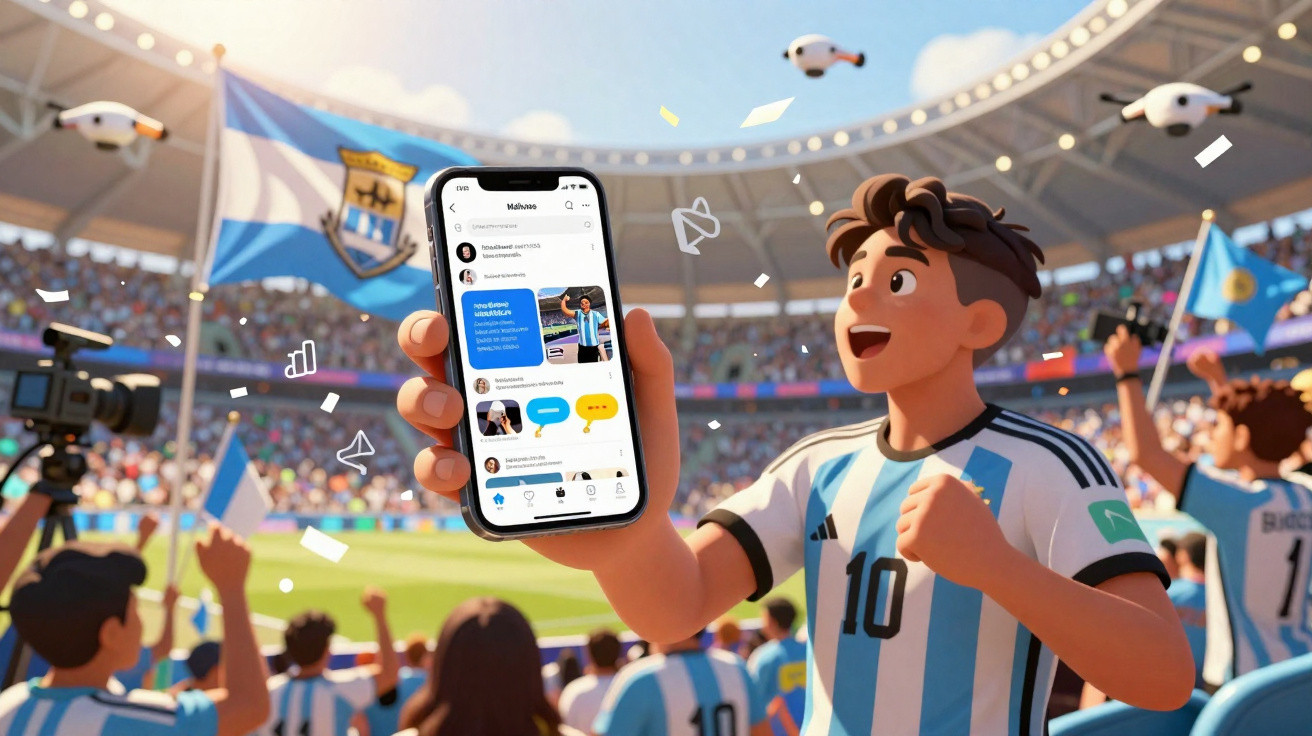 Junger Fußballfan mit Trikot hält Smartphone im Stadion, zeigt Fußball-Chats und jubelt.