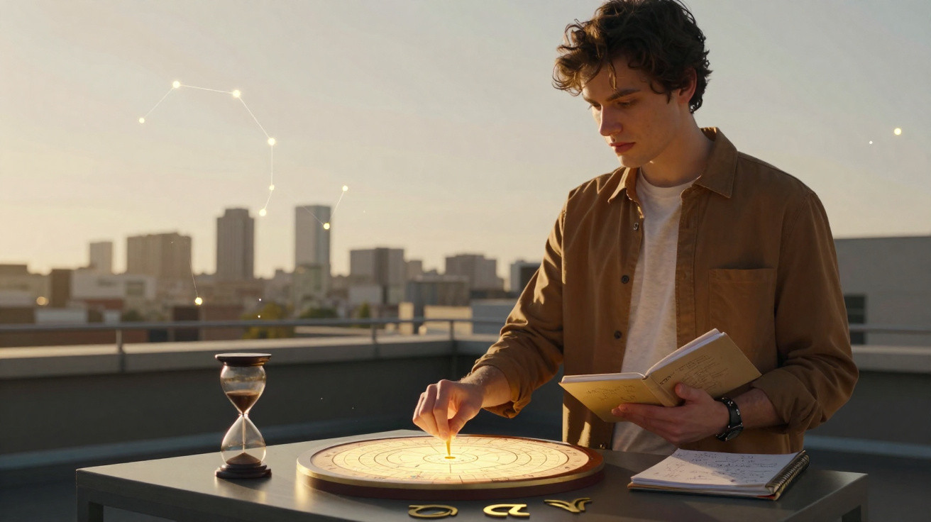 Junger Mann auf Dach mit Sternzeichen-Tafel und Sanduhr bei Sonnenuntergang, studiert Astrologie.