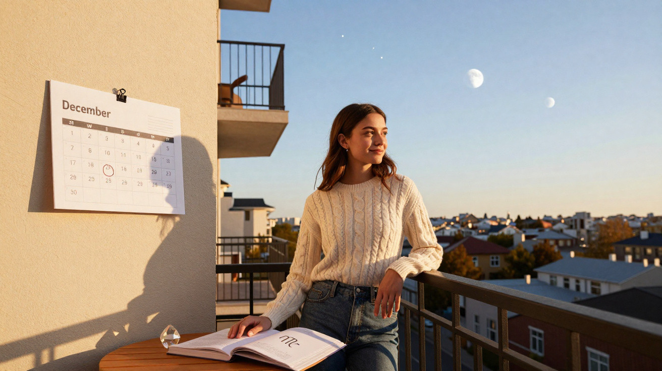 Junge Frau lehnt an Balkonbrüstung bei Sonnenuntergang, Kalender und Buch auf Tisch, Halbmond am Himmel.