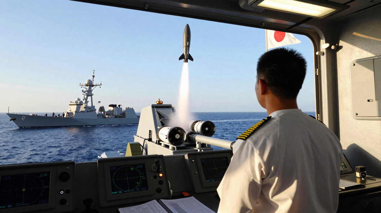 Marineoffizier beobachtet Raketenstart von Bord eines Kriegsschiffs mit japanischer Flagge auf offenem Meer.