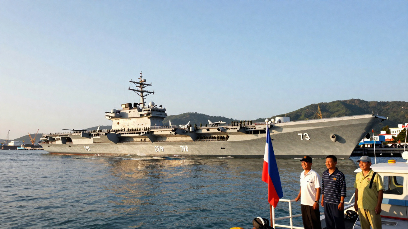 Russisches Kriegsschiff mit der Nummer 73 im Hafen, drei Männer stehen am Kai mit russischer Flagge.
