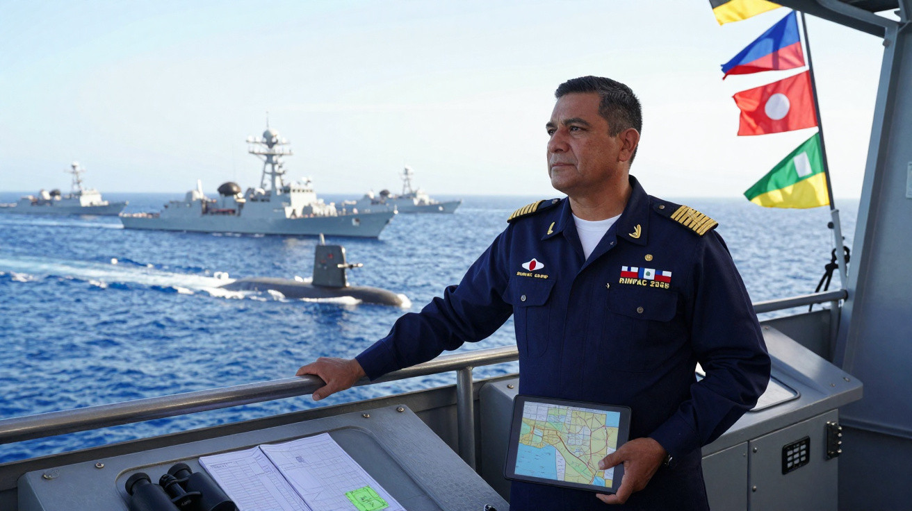 Marineoffizier in Uniform auf Schiff mit Tablet, Schiffen und U-Boot im Meer im Hintergrund.
