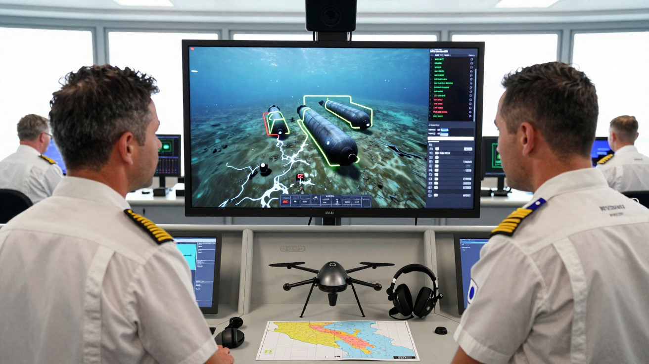 Marineoffiziere überwachen U-Boot-Simulationen und Meereskarten in einem Kontrollraum.