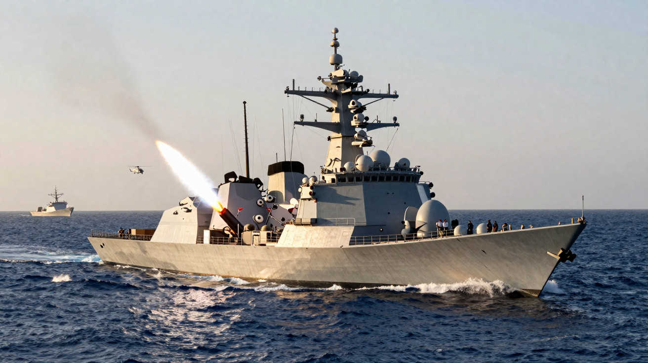 Militärschiff feuert eine Rakete ins Meer, weitere Schiffe und ein Hubschrauber sind im Hintergrund sichtbar.