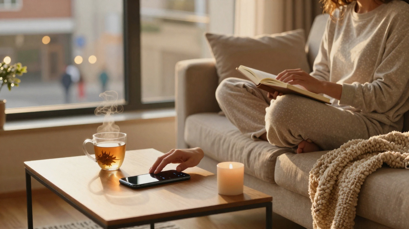 Person sitzt entspannt auf Sofa, liest Buch, neben Tisch mit dampfendem Tee, Kerze und Smartphone.