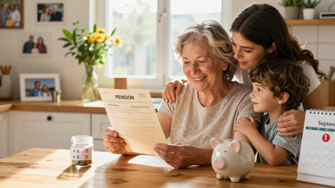 Ältere Frau liest Pensionsdokument mit Tochter und Enkel, sitzend am Holztisch mit Sparschwein und Kalender.