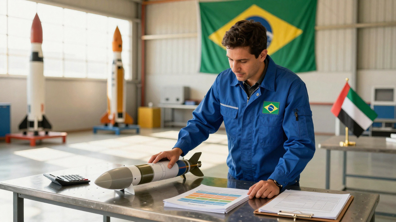 Mann in blauem Overall mit brasilianischer Flagge prüft Modellrakete auf einem Tisch in Labor mit brasilianischer Flagge.