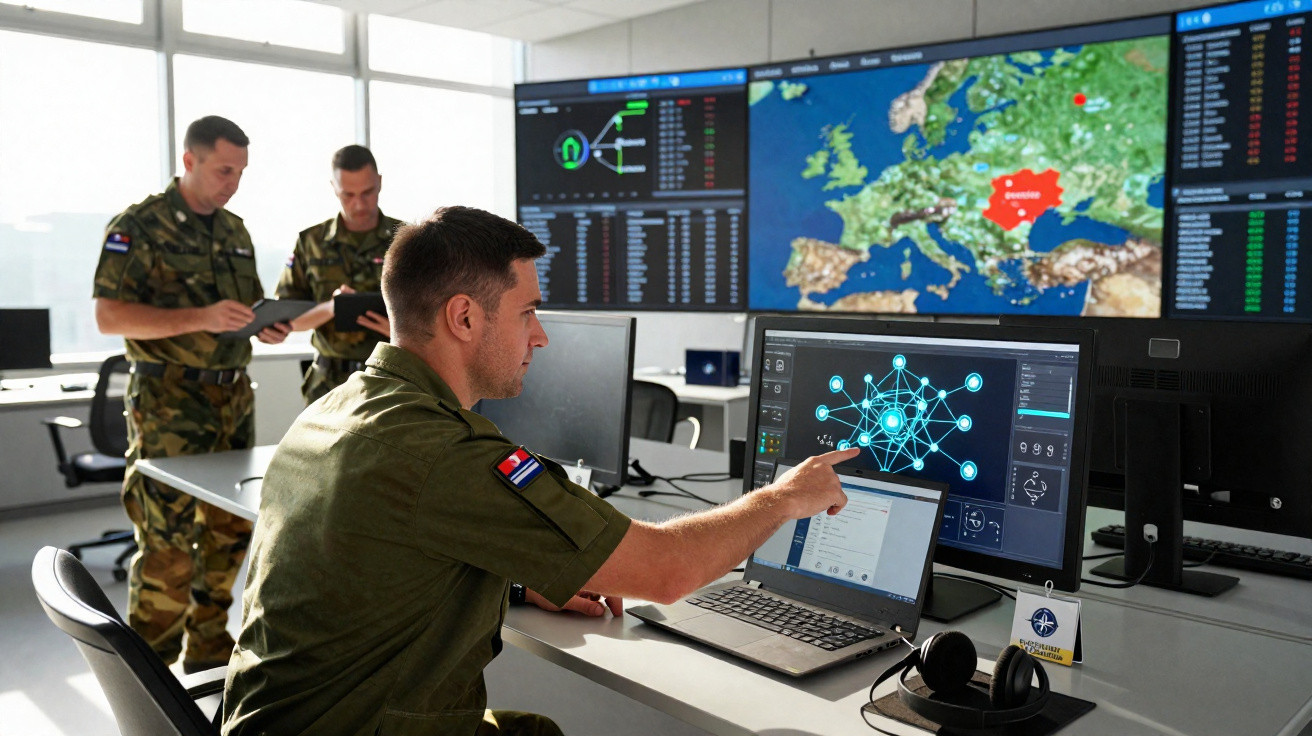 Drei Soldaten in einem Kontrollraum mit Bildschirmen, einer zeigt auf Netzwerkdiagramm, große Karte Europas im Hintergrund.