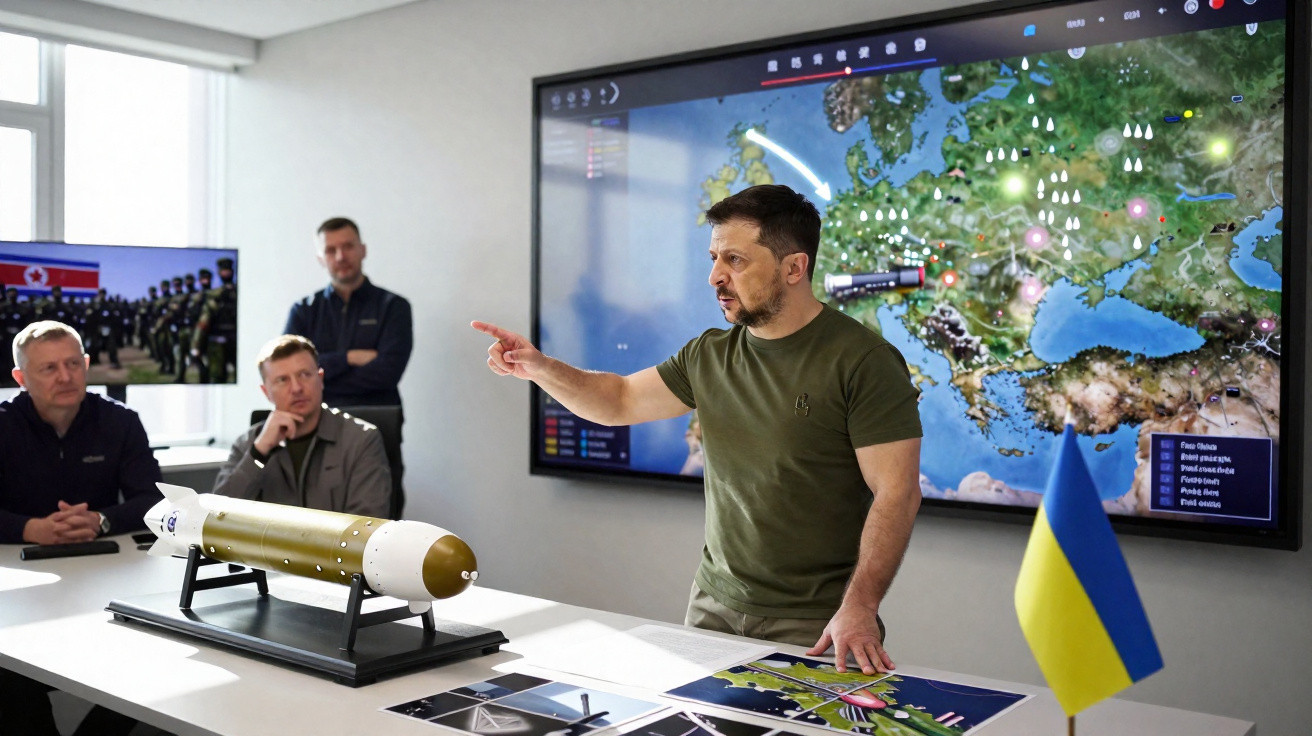 Ukrainischer Präsident erklärt im Sitzungssaal vor Landkarte und Modell einer Rakete strategische Pläne.