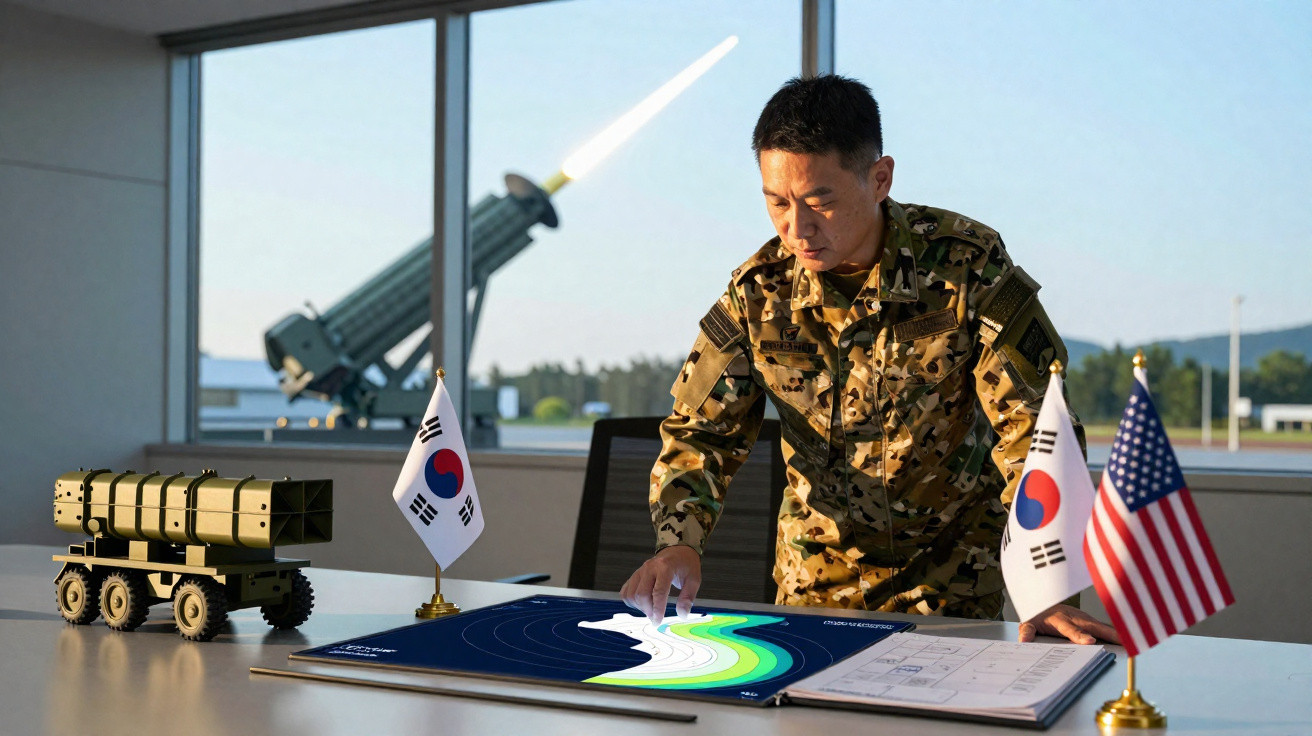 Südkoreanischer Soldat in Tarnuniform analysiert taktische Karte, südkoreanische und US-Flagge auf dem Tisch sichtbar.