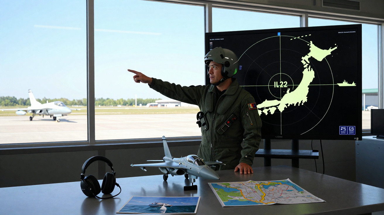 Mann im Militärhelm zeigt im Kontrollraum auf einen Jet draußen, daneben Modelle und Karten auf dem Tisch.