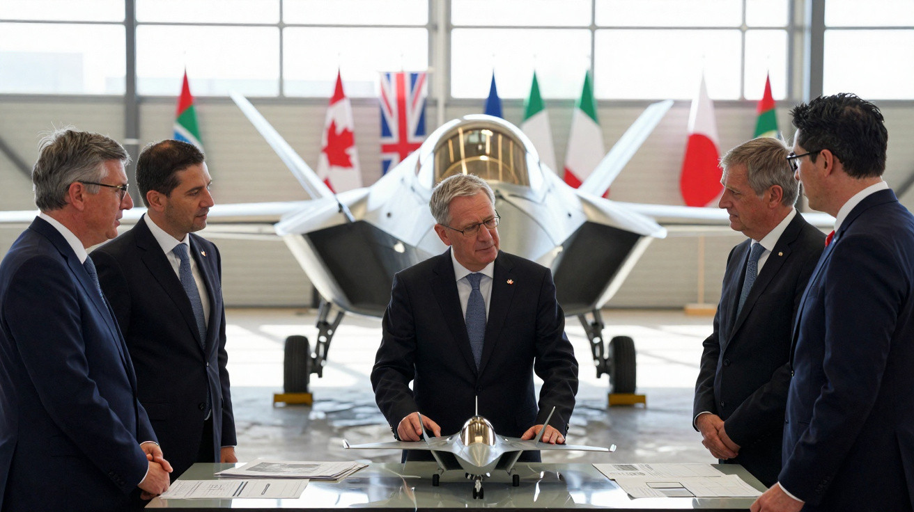 Fünf Männer in Anzügen stehen um einen kleinen Jet-Modell in einer Halle mit einem Kampfjet und internationalen Flaggen.