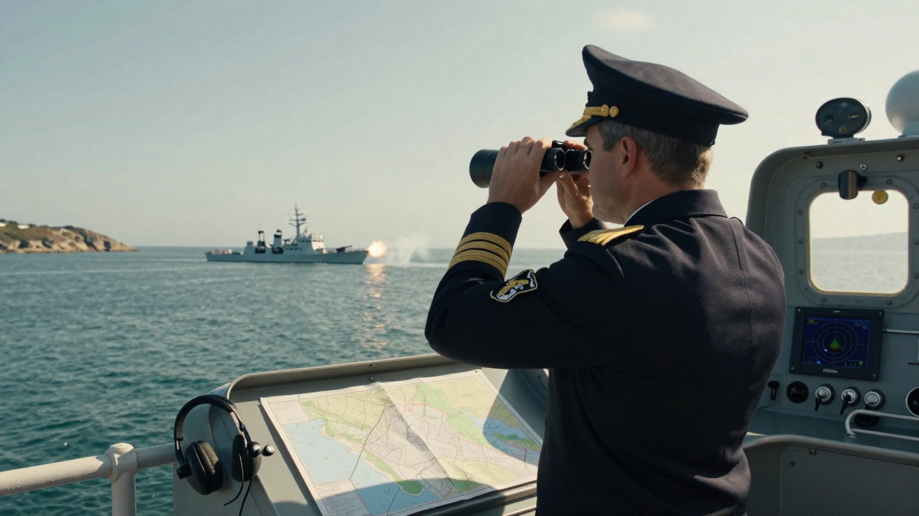 Marineoffizier beobachtet mit Fernglas ein Kriegsschiff auf offenem Meer bei klarem Himmel.