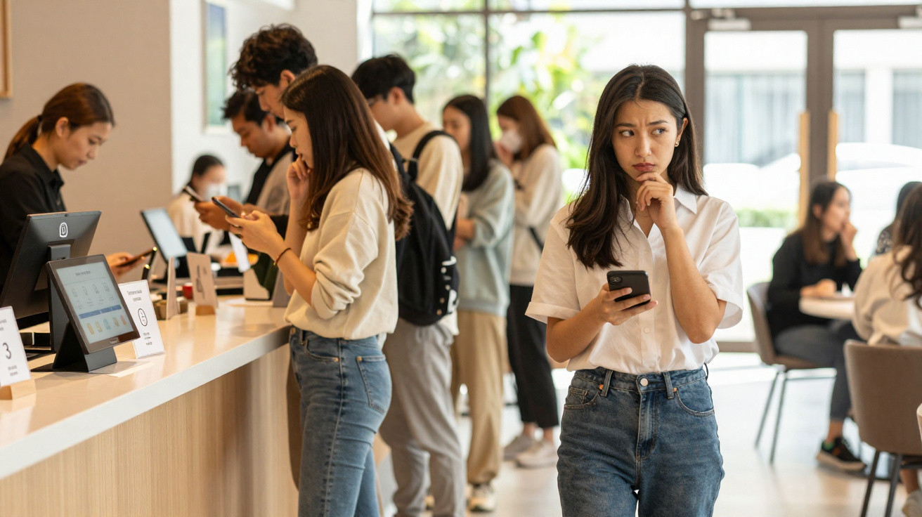 Junge Frau mit Smartphone wirkt unsicher, während andere in einer modernen Warteschlange an einem Schalter stehen.