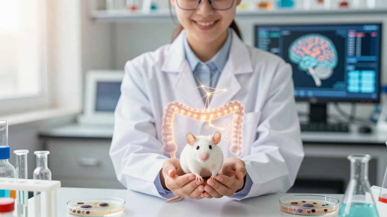 Wissenschaftlerin hält weiße Laborratte vor holografischer Darstellung des Darms im Labor.