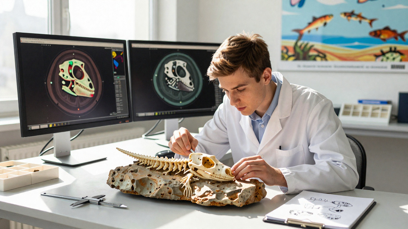 Wissenschaftler analysiert und restauriert ein Skelett auf einem Tisch mit Monitoren und Zeichnungen im Labor.
