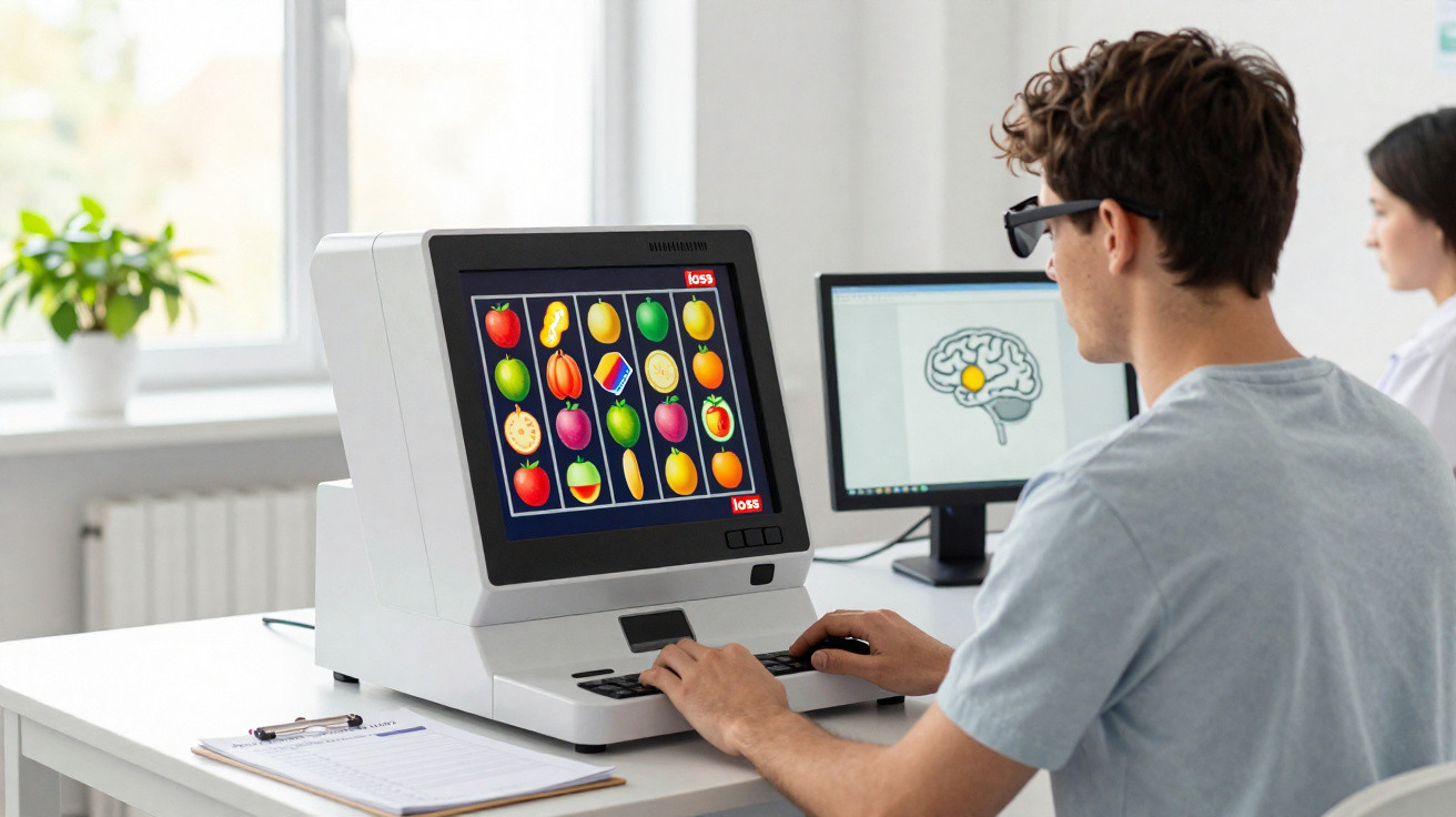 Mann trägt VR-Brille und spielt Slot-Spiel am Computer, daneben Monitor zeigt Gehirnillustration.