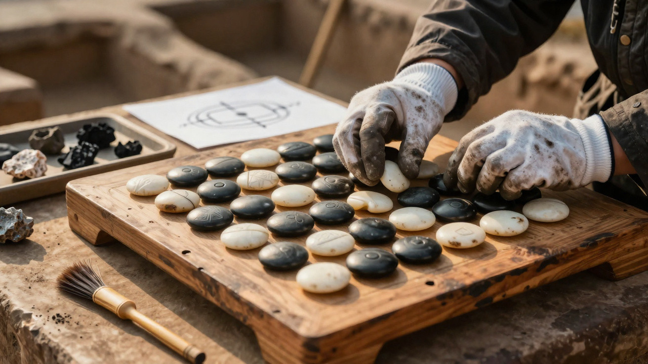 Person mit Handschuhen spielt Go-Brettspiel aus Holz mit weißen und schwarzen Steinen im Freien.