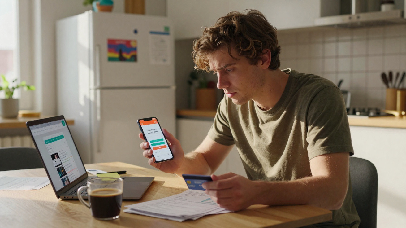 Mann überprüft Onlinezahlung mit Smartphone und Kreditkarte am Küchentisch mit Laptop und Unterlagen.