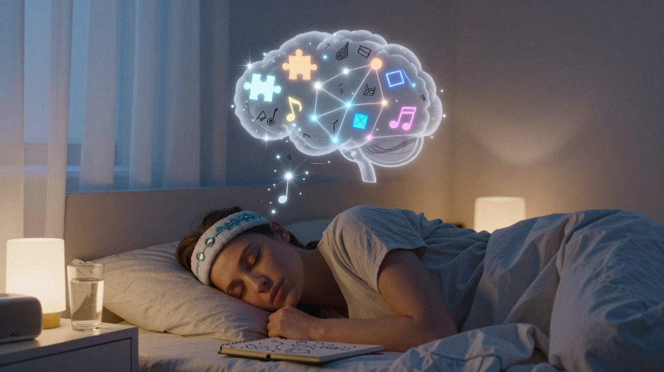 Frau schläft im Bett mit leuchtender Gehirn-Illustration voller Symbole für Musik und Puzzles über ihr.