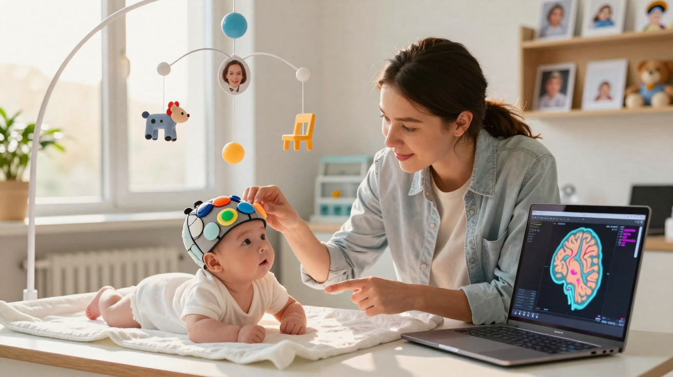 Frau setzt Baby eine Sensoren-Mütze auf, neben Laptop mit Gehirnscan, helle Wohnung mit Fenster und Regalen.