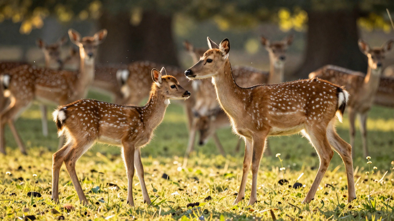 Zwei junge Rehe stehen auf einer sonnigen Waldlichtung, umgeben von weiteren Rehen im Hintergrund.