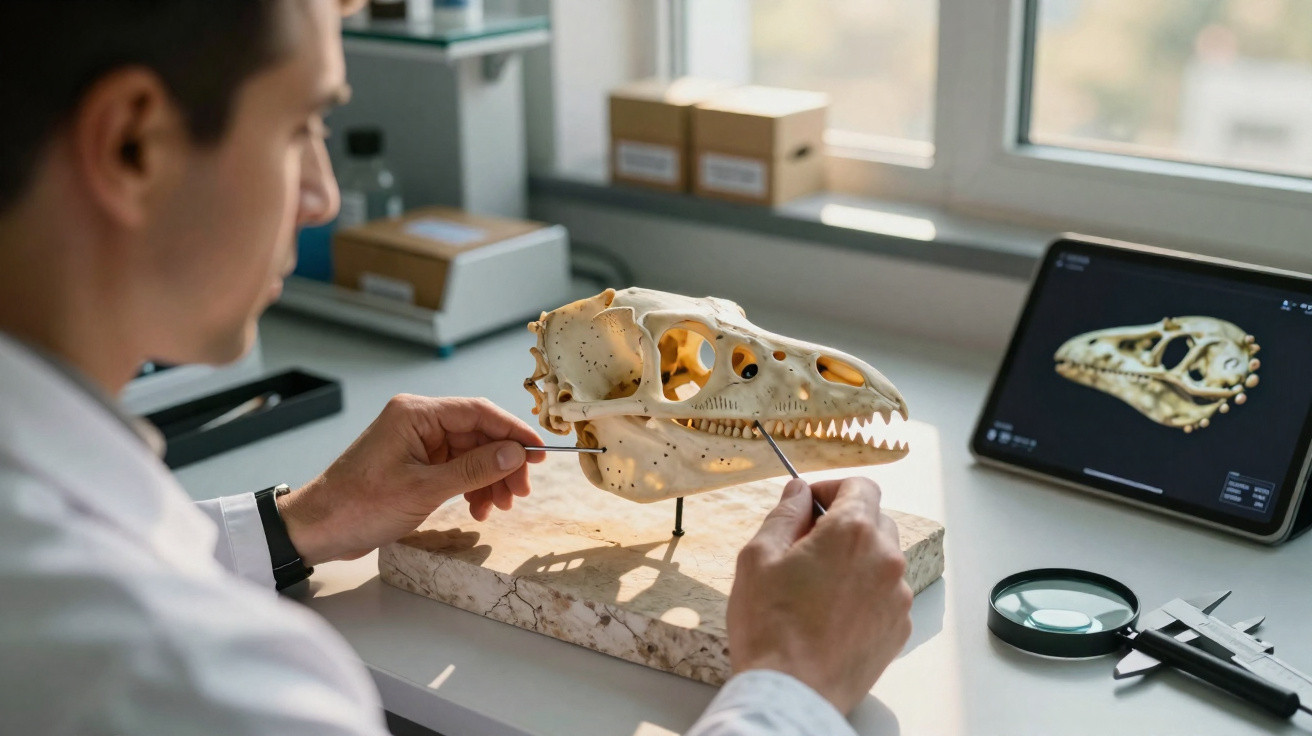 Wissenschaftler untersucht Dinosaurierschädelmodell am Tisch mit digitalen Referenzen und Messgeräten.
