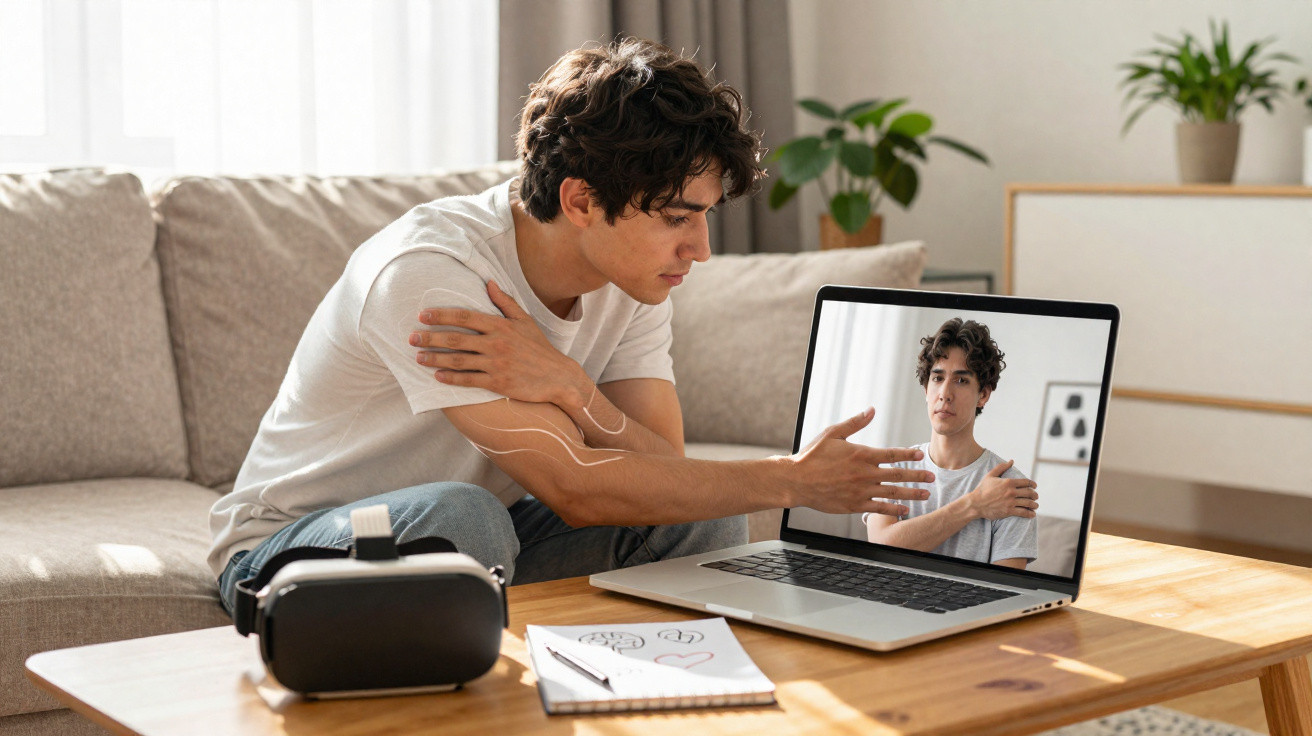 Junger Mann untersucht seinen schmerzenden Arm vor einem Laptop mit seinem eigenen Bild und VR-Brille auf Tisch.