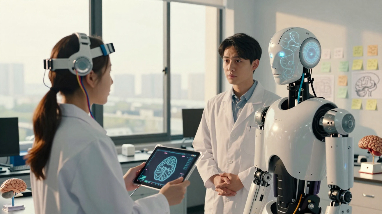 Zwei Wissenschaftler mit Tablet untersuchen humanoiden Roboter mit leuchtendem Gehirn-Display im Labor.