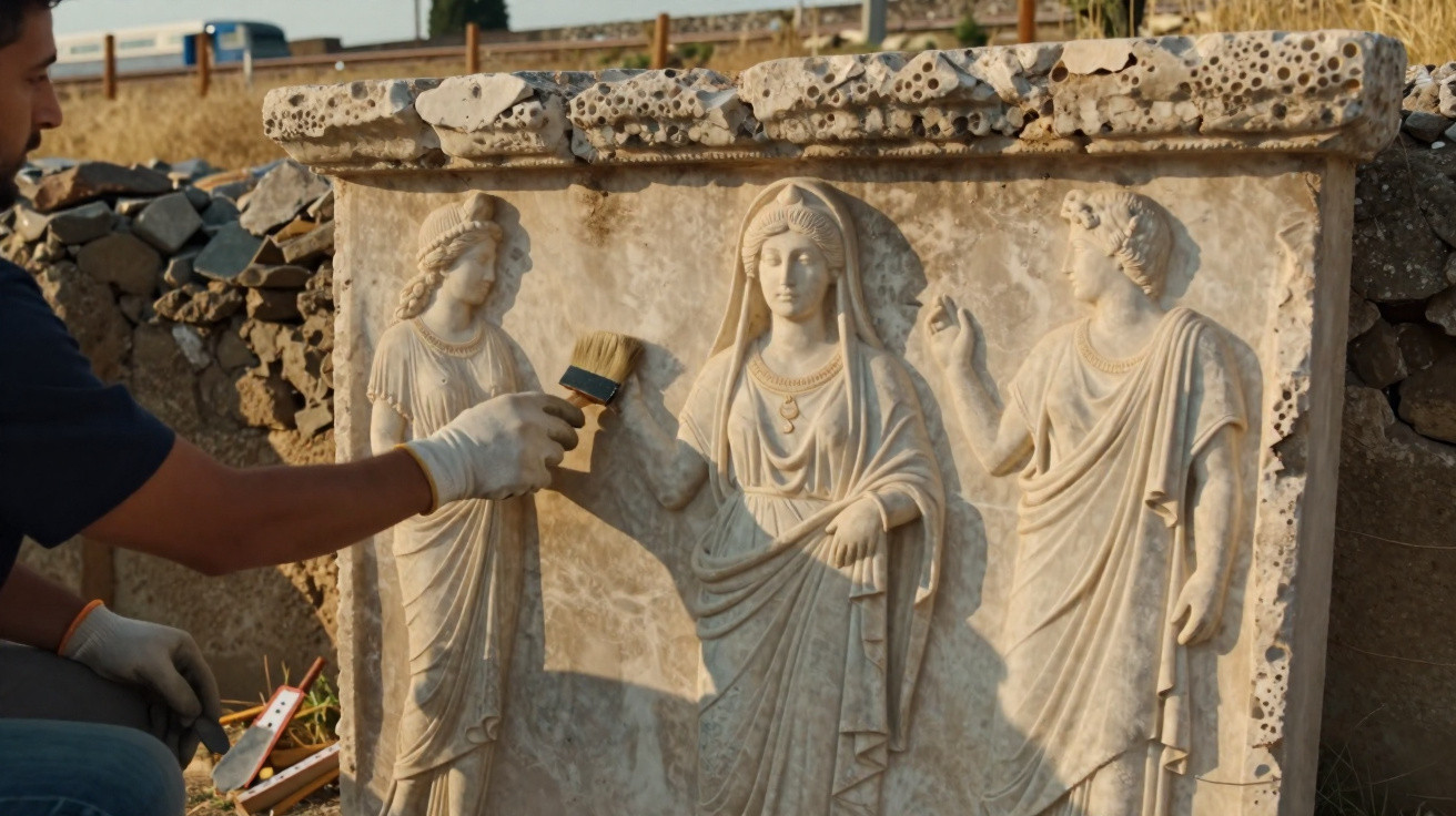 Archäologe reinigt mit Pinsel eine antike Marmorrelief-Skulptur mit drei weiblichen Figuren.
