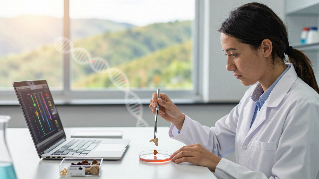 Wissenschaftlerin im Labor untersucht mit Pinzette Probe in Petrischale vor Laptop mit DNA-Analyse.