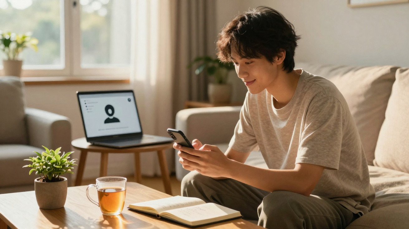Junger Mann sitzt auf Sofa, tippt auf Smartphone, Laptop, Buch, Tee und Pflanze auf Tisch im Wohnzimmer.