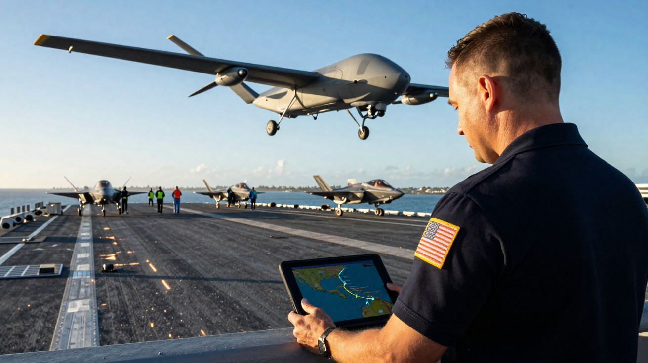 Mann mit US-Flaggen-Patch steuert Drohne auf Flugdeck mit mehreren Militärjets im Hintergrund bei Sonnenuntergang.