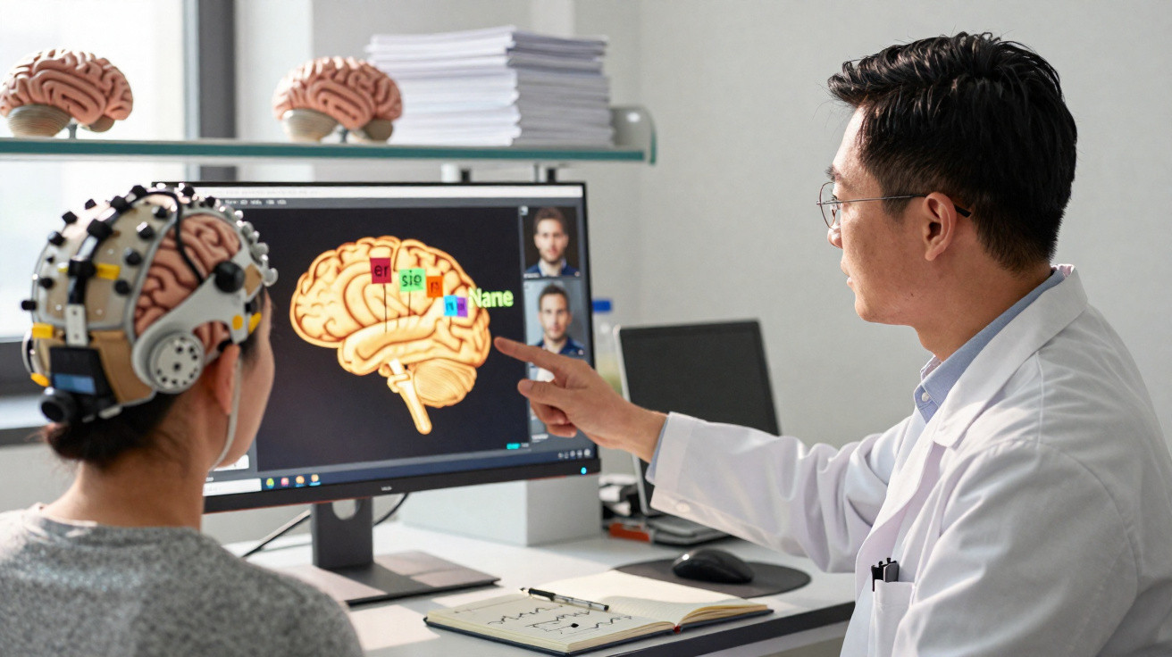 Arzt erklärt Patientin mit Hirnsonde am Kopf Gehirnfunktion anhand eines 3D-Hirnmodells auf Bildschirm.