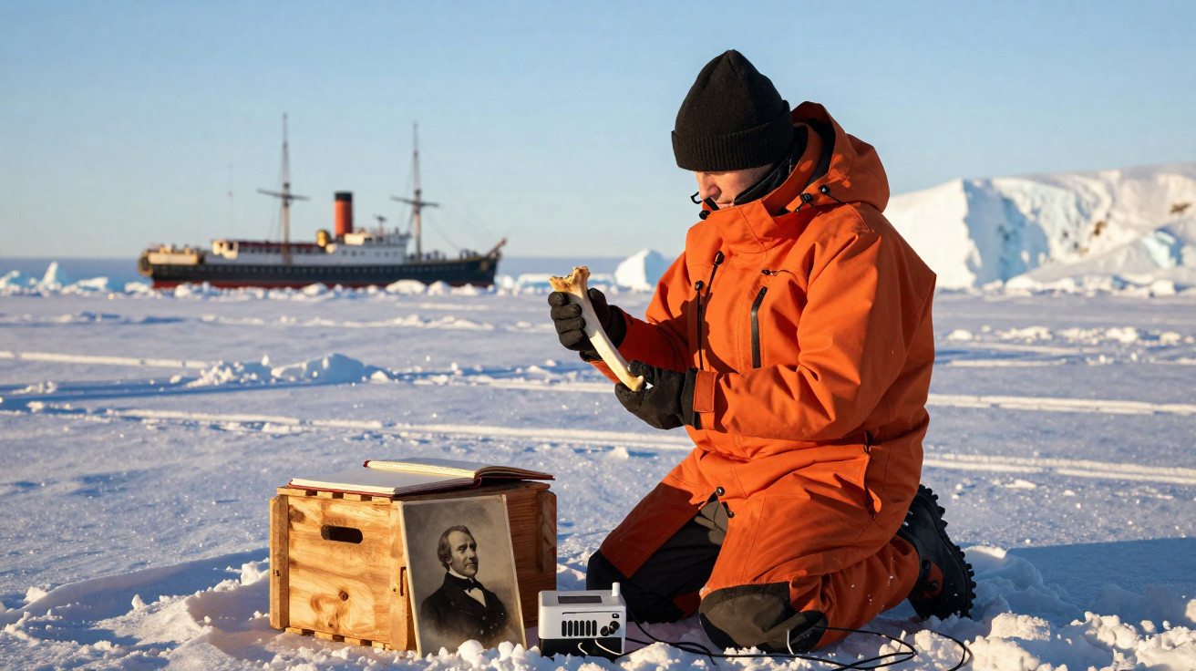 Person in oranger Arctic-Ausrüstung kniet im Schnee mit historischen Objekten, Eisbrecher im Hintergrund.