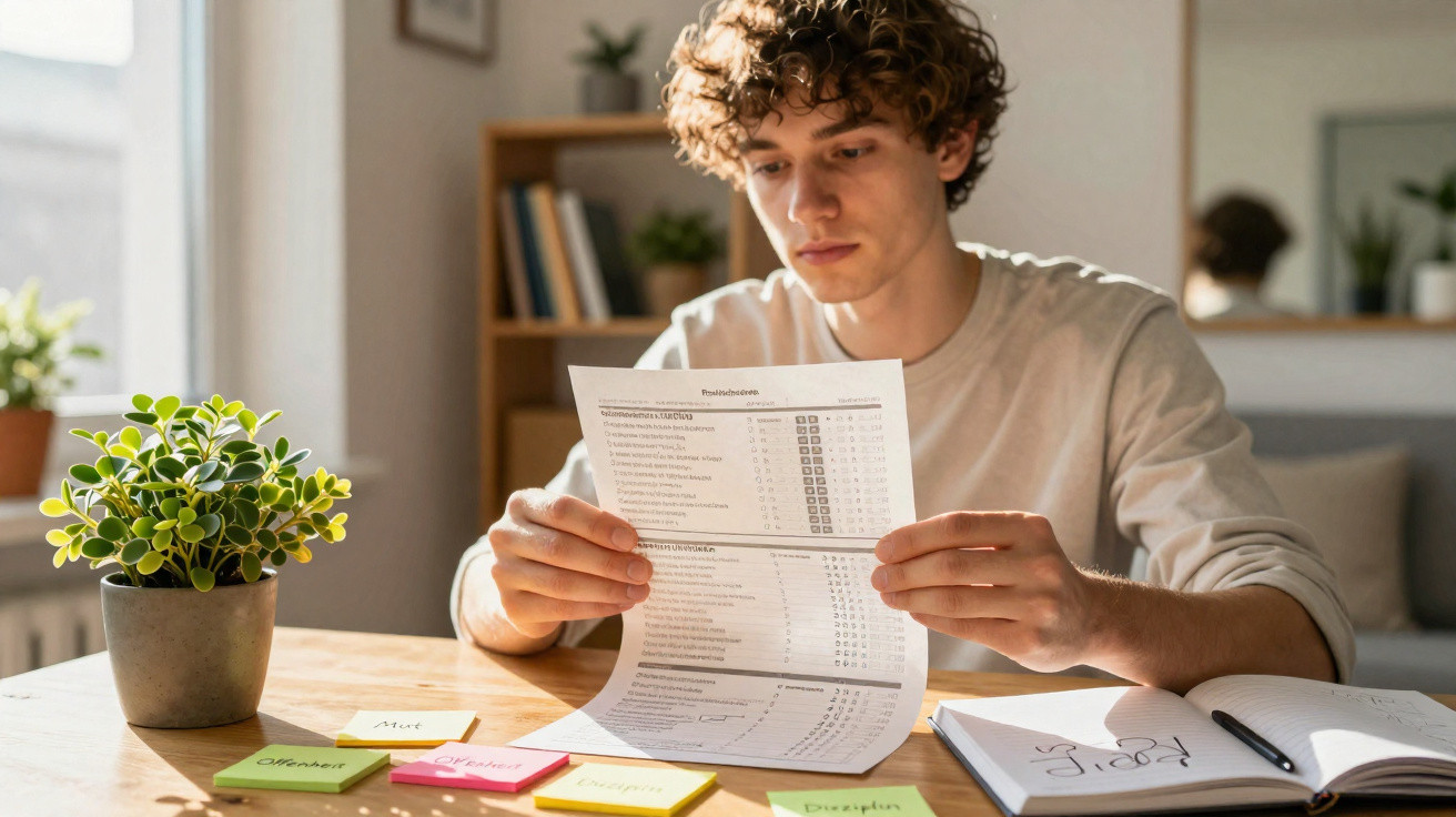 Junger Mann sitzt am Tisch und studiert konzentriert ein Blatt mit Diagrammen und Notizen.