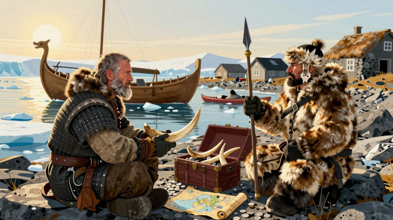 Zwei Wikinger in Fellkleidung sitzen am Ufer mit Schatztruhe, Münzen, Karte und Langboot im Hintergrund.