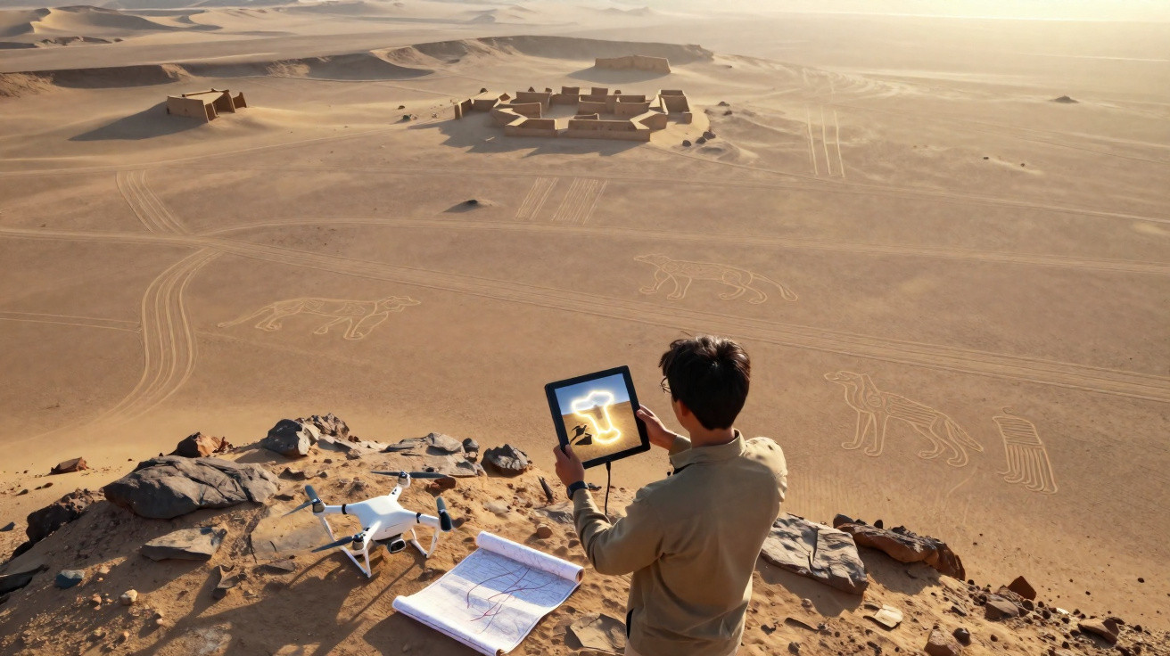 Archäologe untersucht mit Tablet und Drohne prähistorische Wüstenzeichnungen und eine Ausgrabungsstätte aus der Vogelperspekt