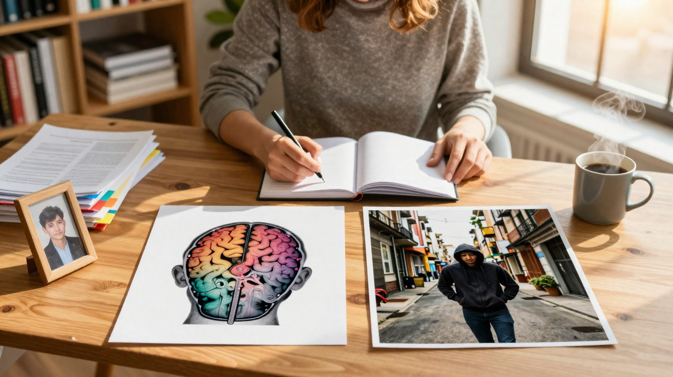 Person sitzt am Schreibtisch, schreibt in Notizbuch, mit Bild vom Gehirn und Foto einer Person auf Tisch.