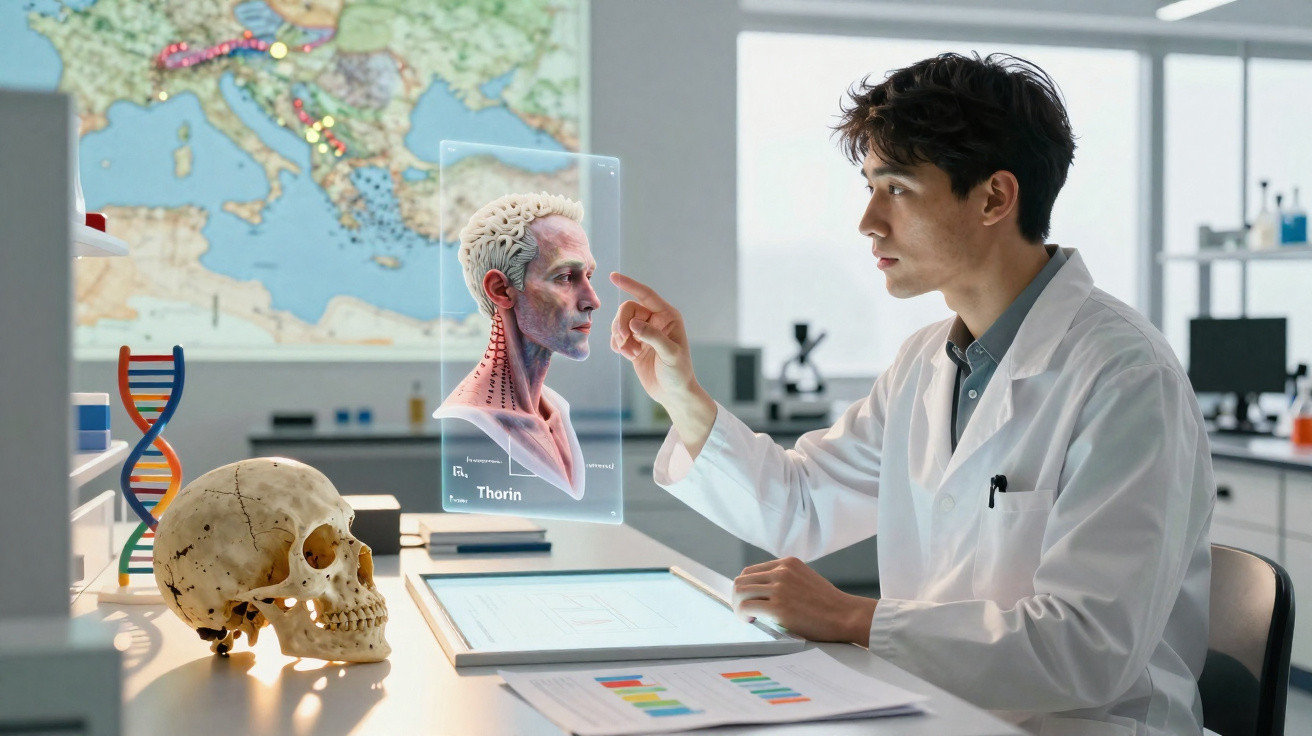 Wissenschaftler analysiert im Labor ein digitales 3D-Hirnmodell neben menschlichem Schädel und DNA-Strang.